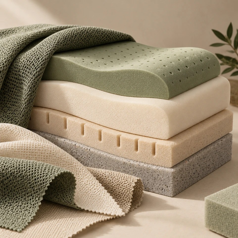 Layers of shaped foam with sage and ivory knit fabrics