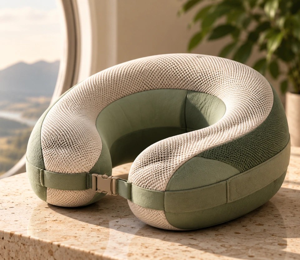 Customizable Neck Pillow in sage and ivory resting by a window