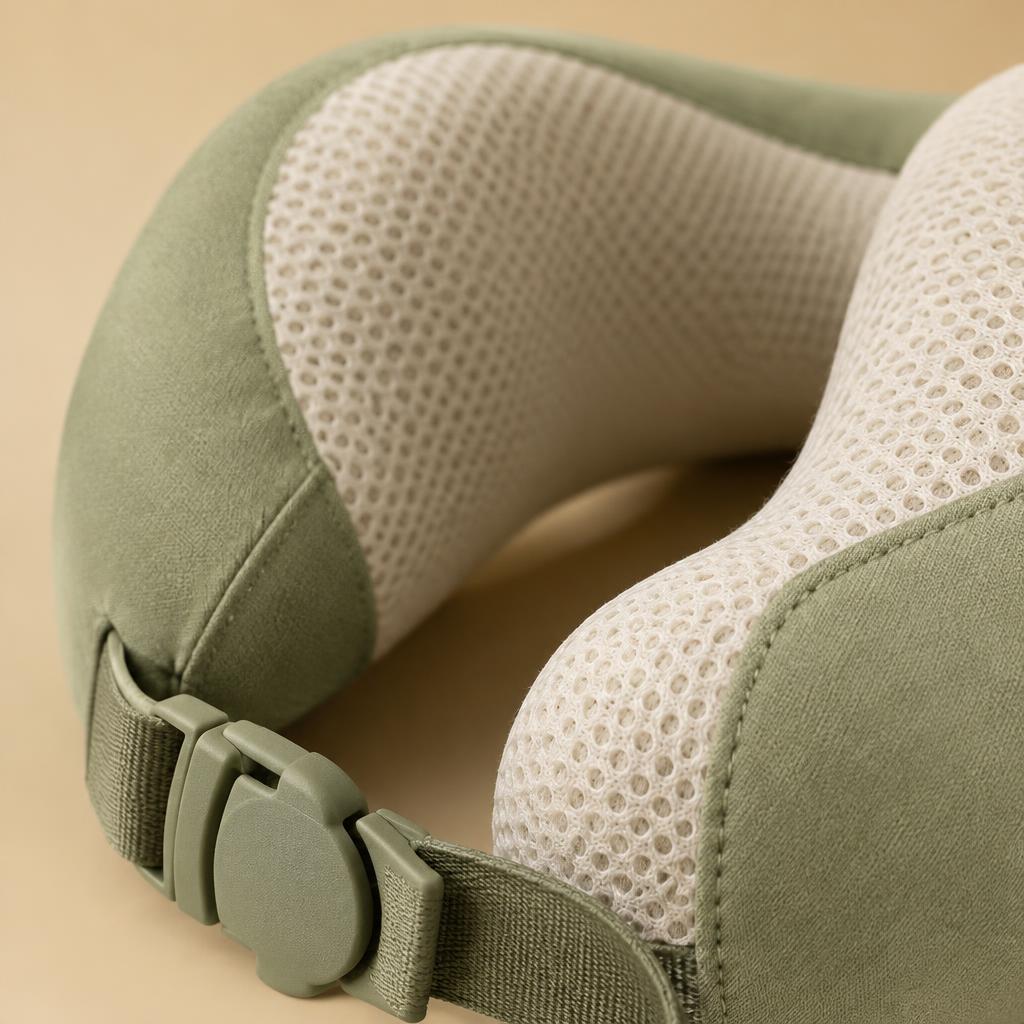 Close-up of breathable knit and buckle on the neck pillow